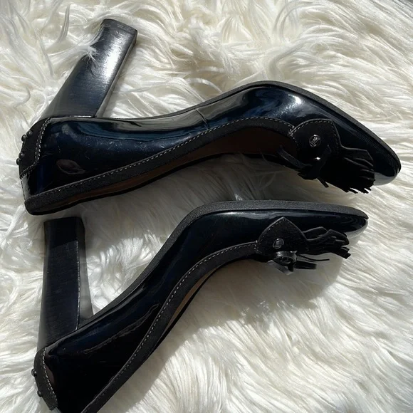 Tod’s Black Patent Leather/Suede Fringe Loafer Pumps Heels - Picture 15 of 16